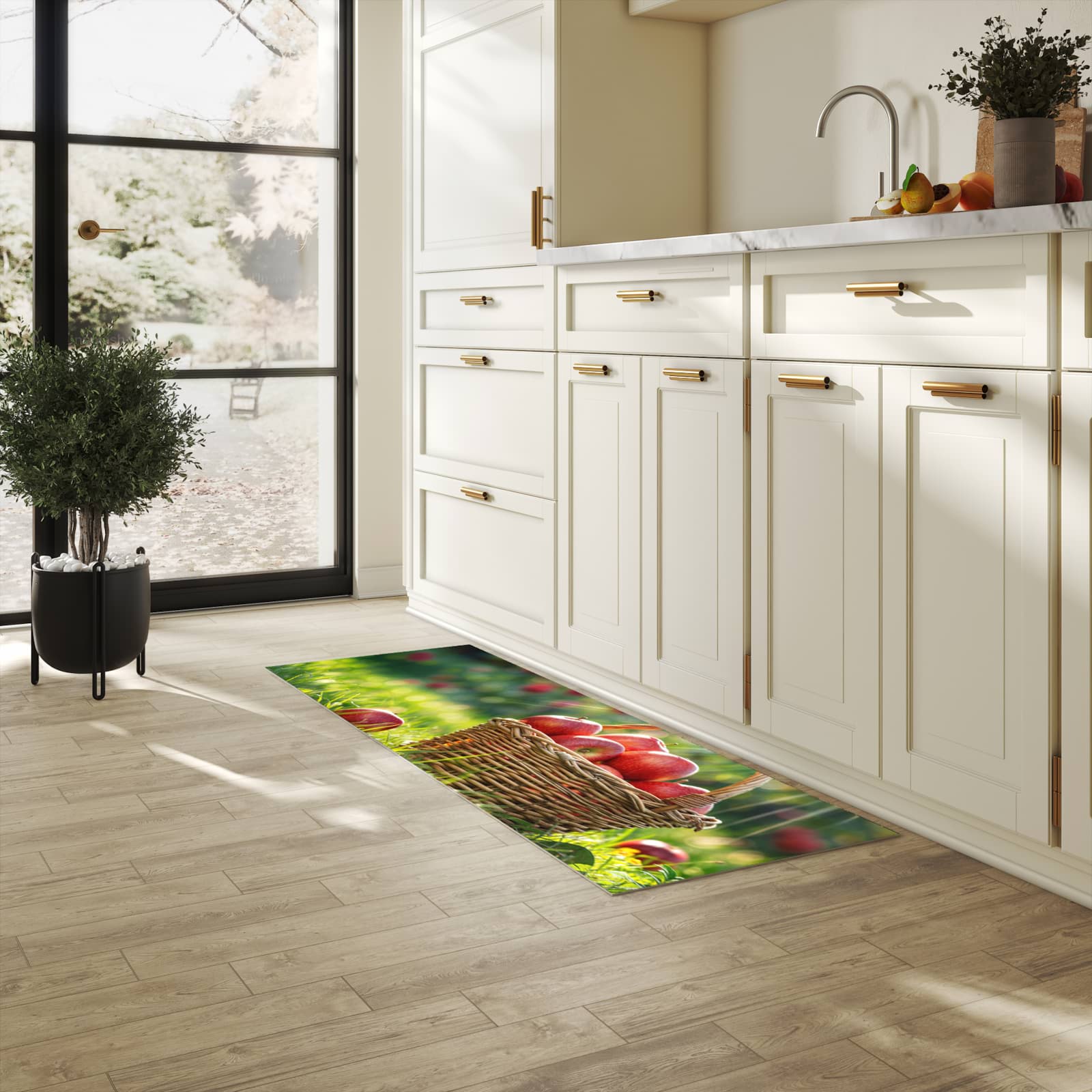 Langlebiger Teppich für die Küche mit Motiv Korb mit roten Äpfeln in heller Küche