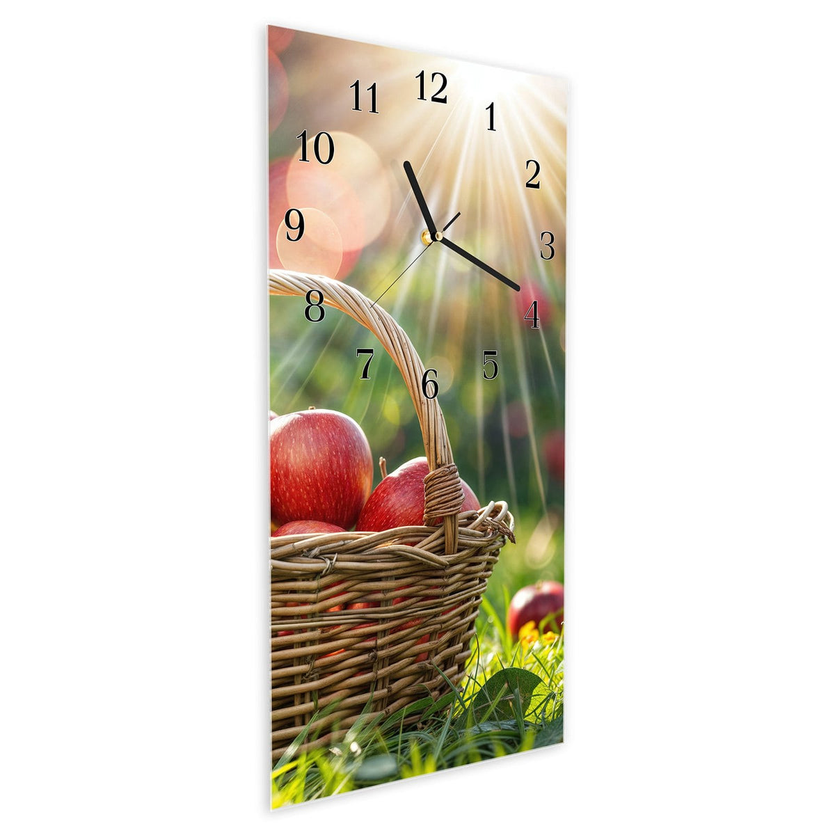 Vormontiert – mit Schwebeeffekt – Wanduhr Korb mit roten Äpfeln aus Glas – Hochformat 30 × 60 cm