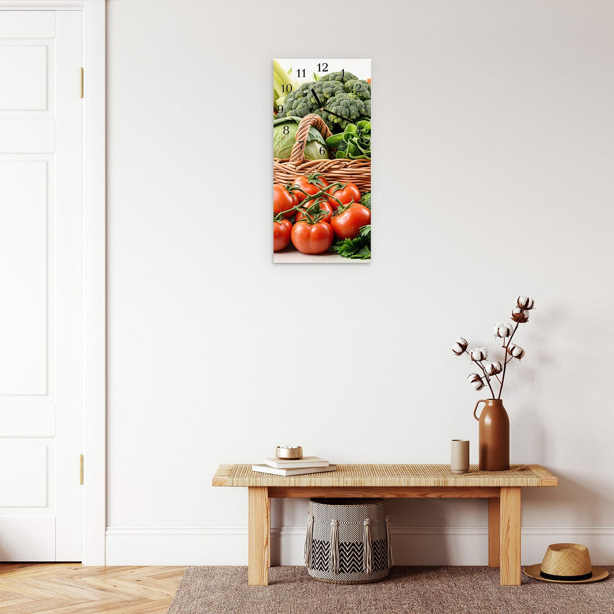 Moderne Wanduhr aus Glas mit Farbtiefe – Wanduhr Frisches Gemüse Korb aus Glas – Hochformat 30 × 60 cm