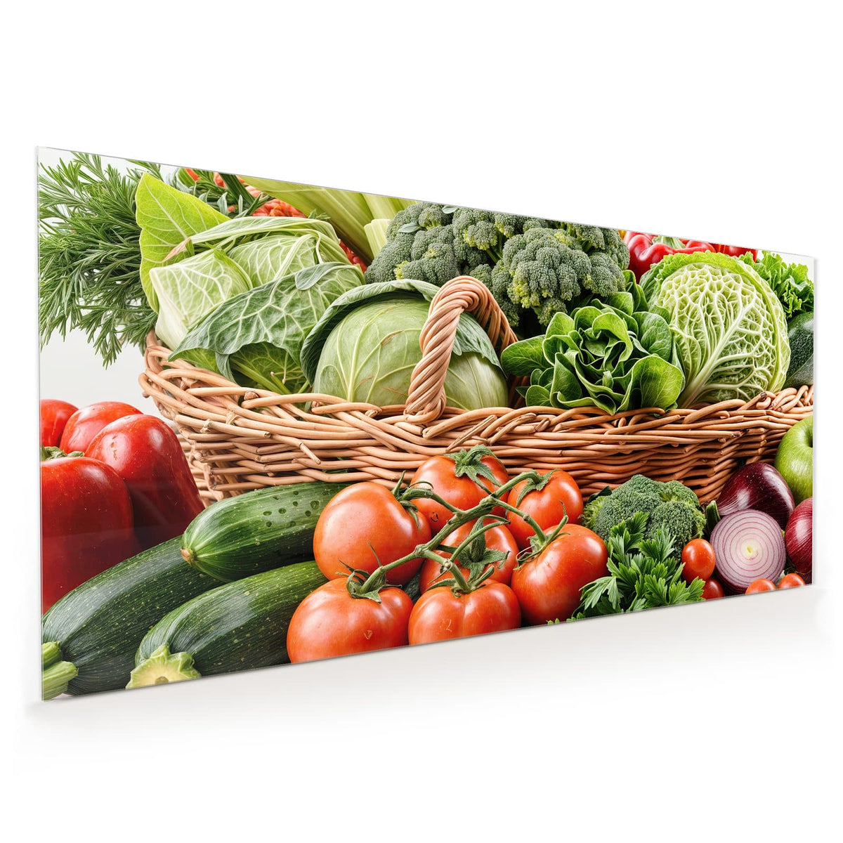 Küchenrückwand aus Glas im Hochformat mit Motiv Voller Gemüsekorb: Prall gefüllter Weidenkorb mit Kohl, Brokkoli, Salat und Paprika