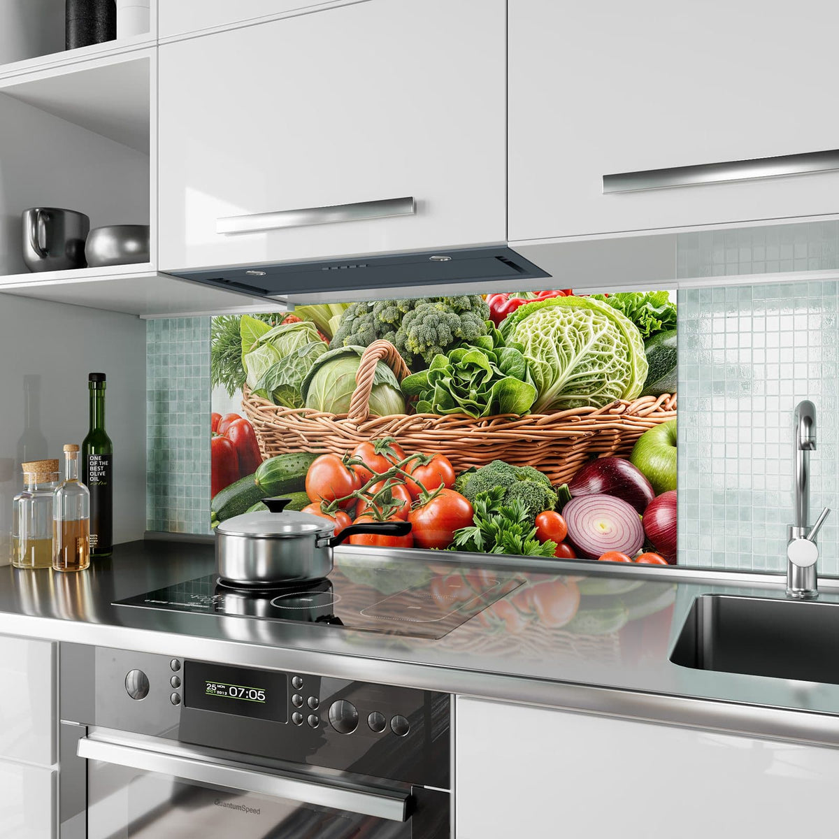 Küchenrückwand aus Glas Voller Gemüsekorb im Hochformat als Spritzschutz hinter dem Kochfeld, über dem Fliesenspiegel montiert