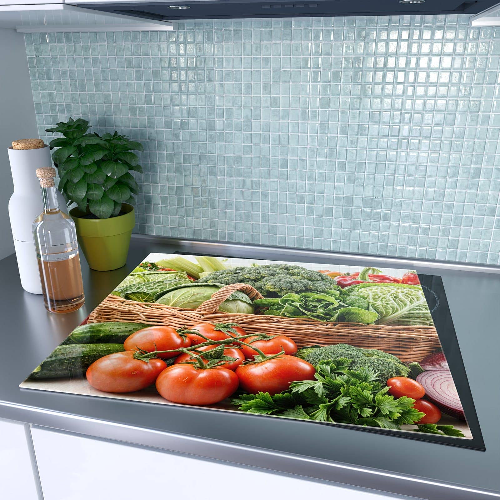 1-teilige Herdabdeckplatten mit Frisches Gemüse Korb-Motiv auf dem Ceranfeld