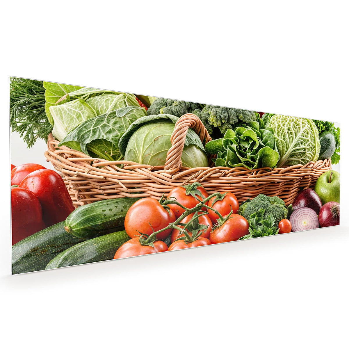 Küchenrückwand aus Glas im Hochformat mit Motiv Voller Gemüsekorb: Prall gefüllter Weidenkorb mit Kohl, Brokkoli, Salat und Paprika #grösse_40 x 100 cm #grösse_50 x 125 cm #grösse_60 x 150 cm