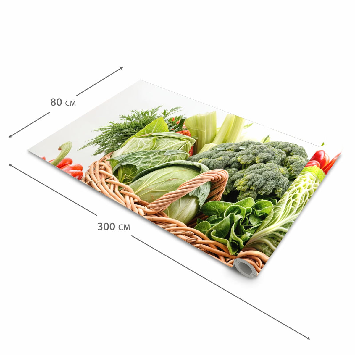 Schmutzabweisender Küchenvorleger mit Motiv Frisches Gemüse Korb in der Größe 60x270 cm