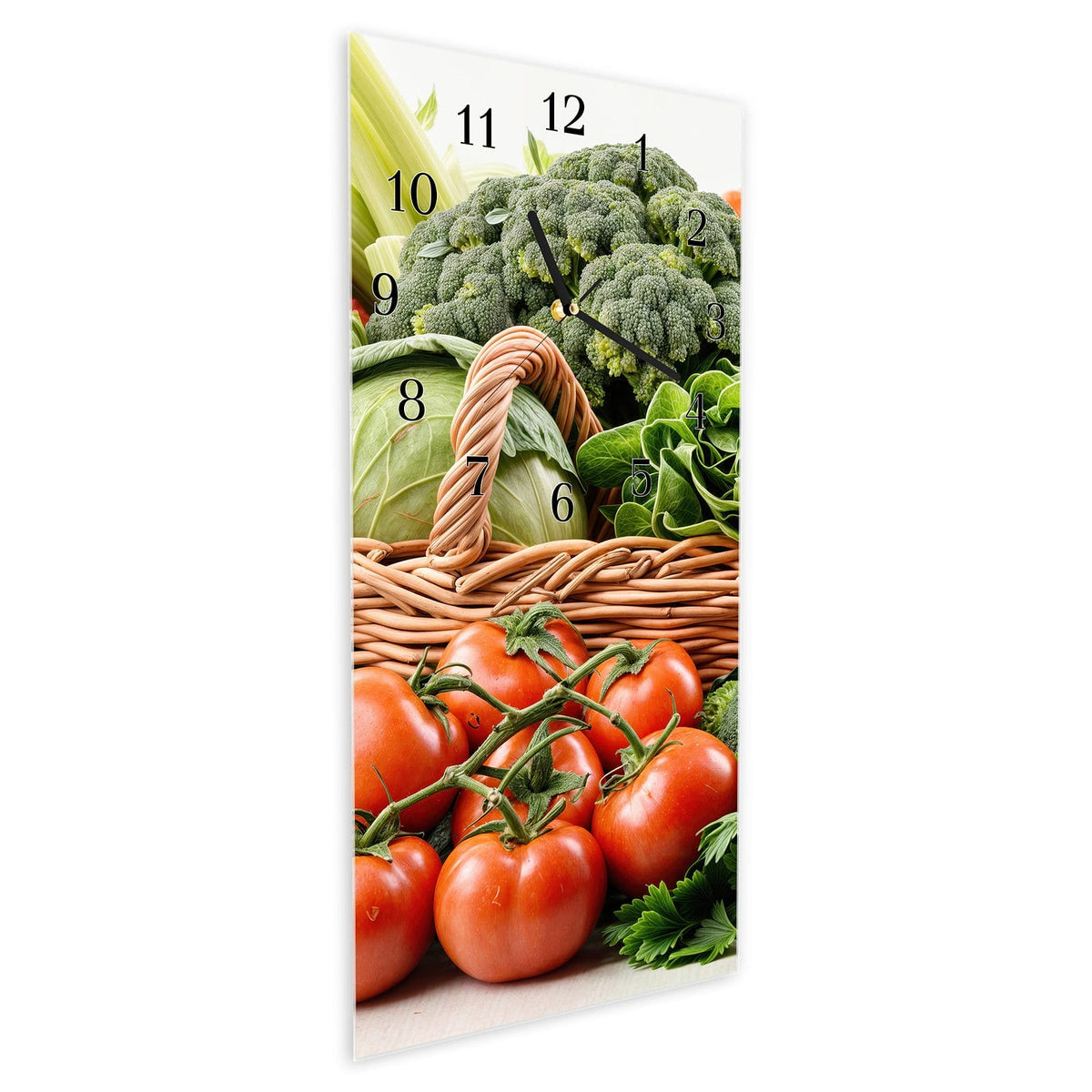 Vormontiert – mit Schwebeeffekt – Wanduhr Frisches Gemüse Korb aus Glas – Hochformat 30 × 60 cm