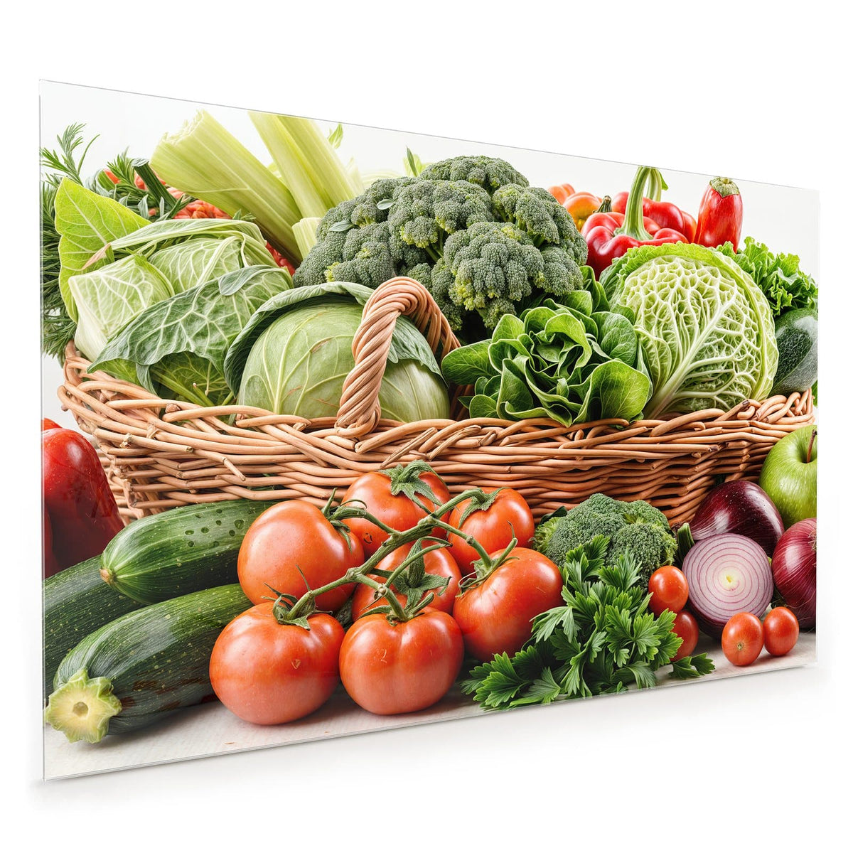 Küchenrückwand aus Glas im Hochformat mit Motiv Voller Gemüsekorb: Prall gefüllter Weidenkorb mit Kohl, Brokkoli, Salat und Paprika