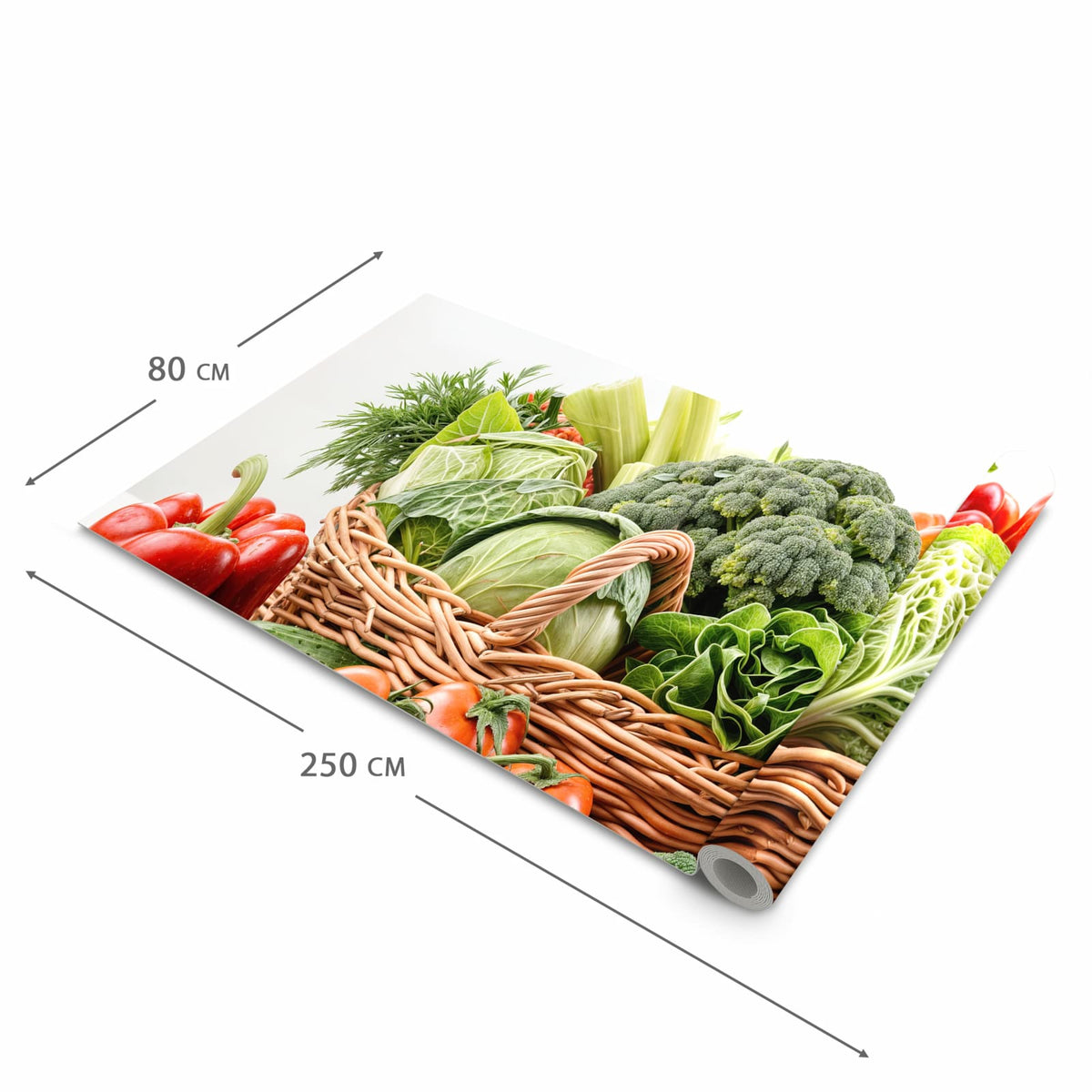 Wasserabweisender Küchenläufer mit Motiv Frisches Gemüse Korb in der Größe 60x270 cm