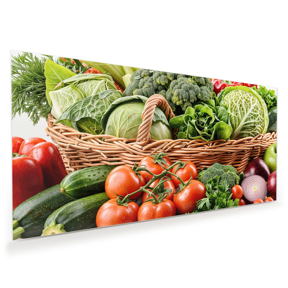 Prall gefüllter Weidenkorb mit Kohl, Brokkoli, Salat und Paprika, davor Strauchtomaten und Petersilie.