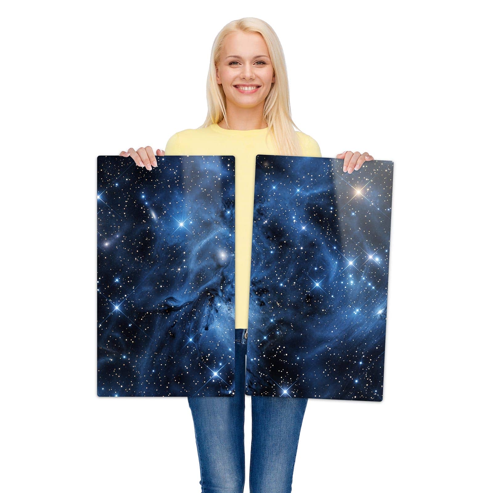 2-teilige Herdabdeckplatten mit Sanfte Sternenhinmel-Motiv wird zur Größendarstellung gehalten