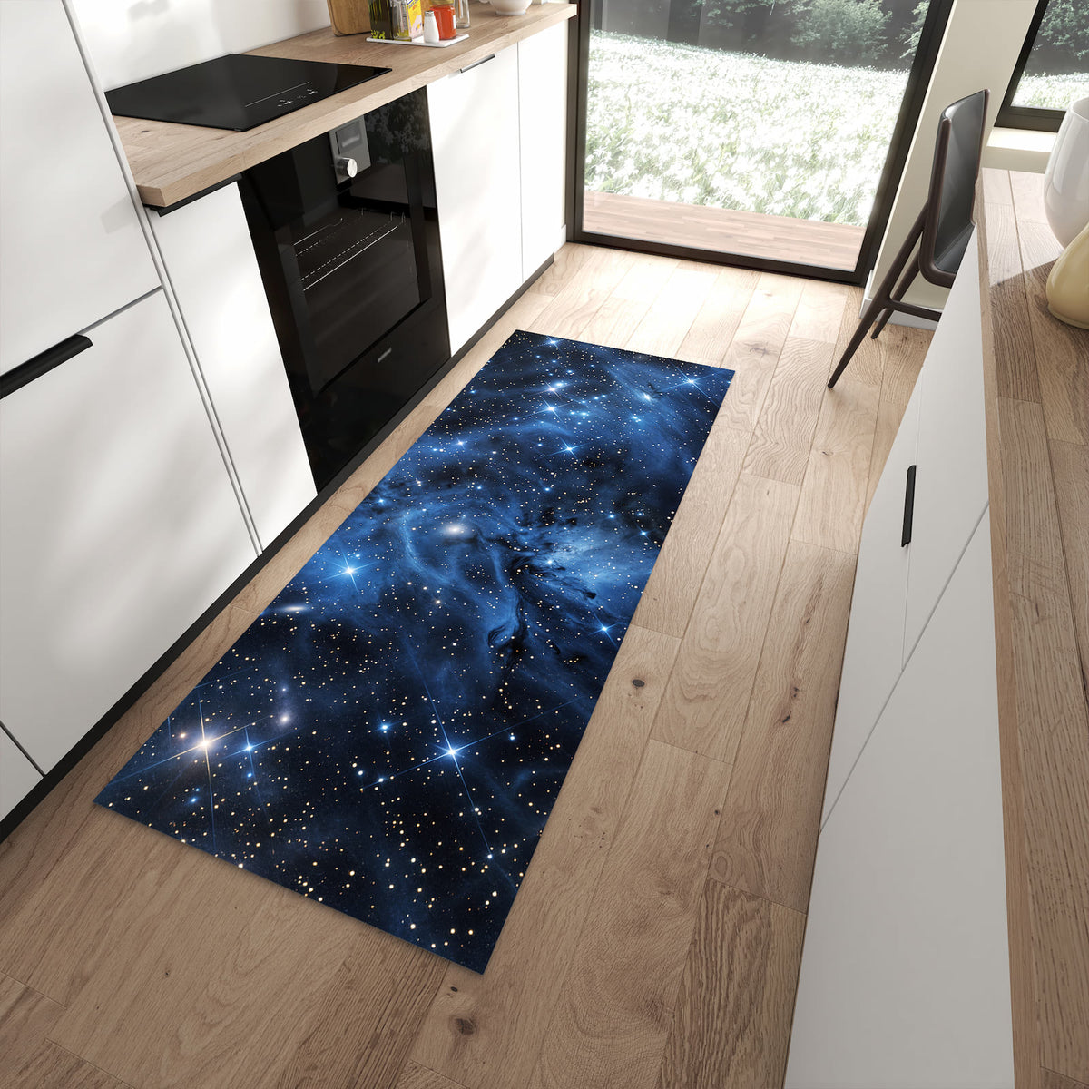 Waschbarer großer Küchenteppich mit Motiv Sanfte Sternenhinmel in moderner Küche