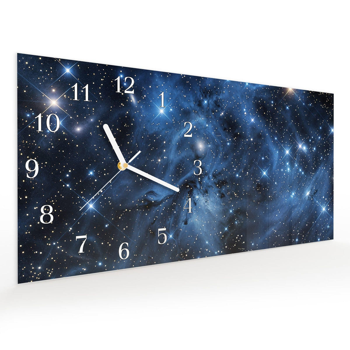 Vormontiert – mit Schwebeeffekt – Wanduhr Sanfte Sternenhinmel aus Glas – Querformat 60 × 30 cm