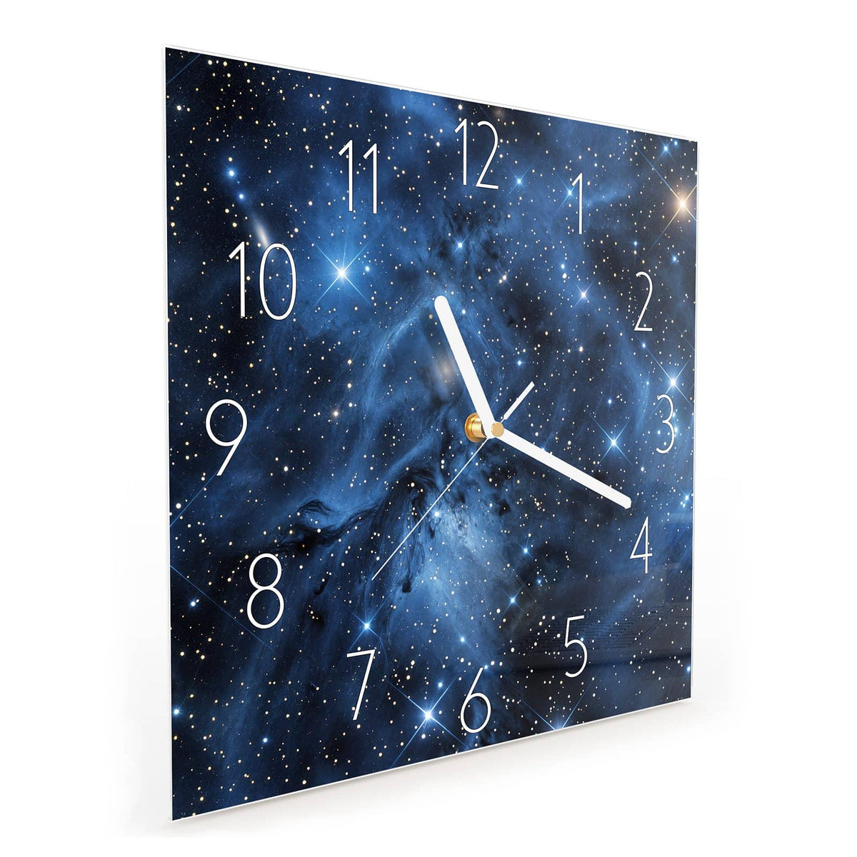 Quadratische Wanduhr aus Glas Blauer Sternennebel schräg von der Seite, 4 mm starkes Glas