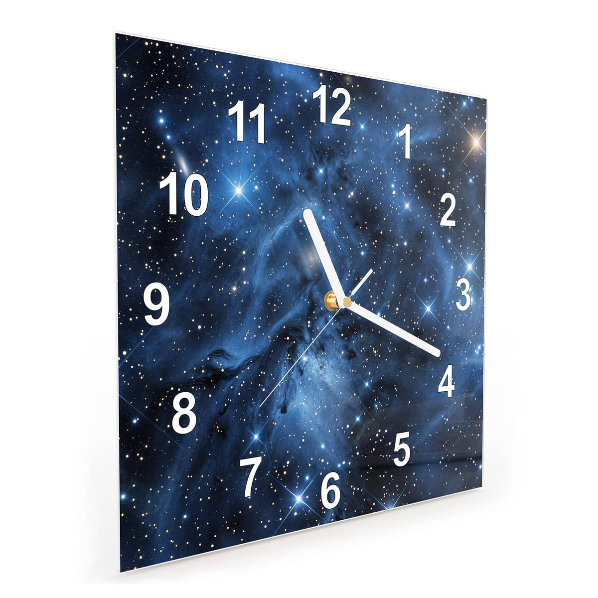Quadratische Wanduhr aus Glas Blauer Sternennebel schräg von der Seite, 4 mm starkes Glas