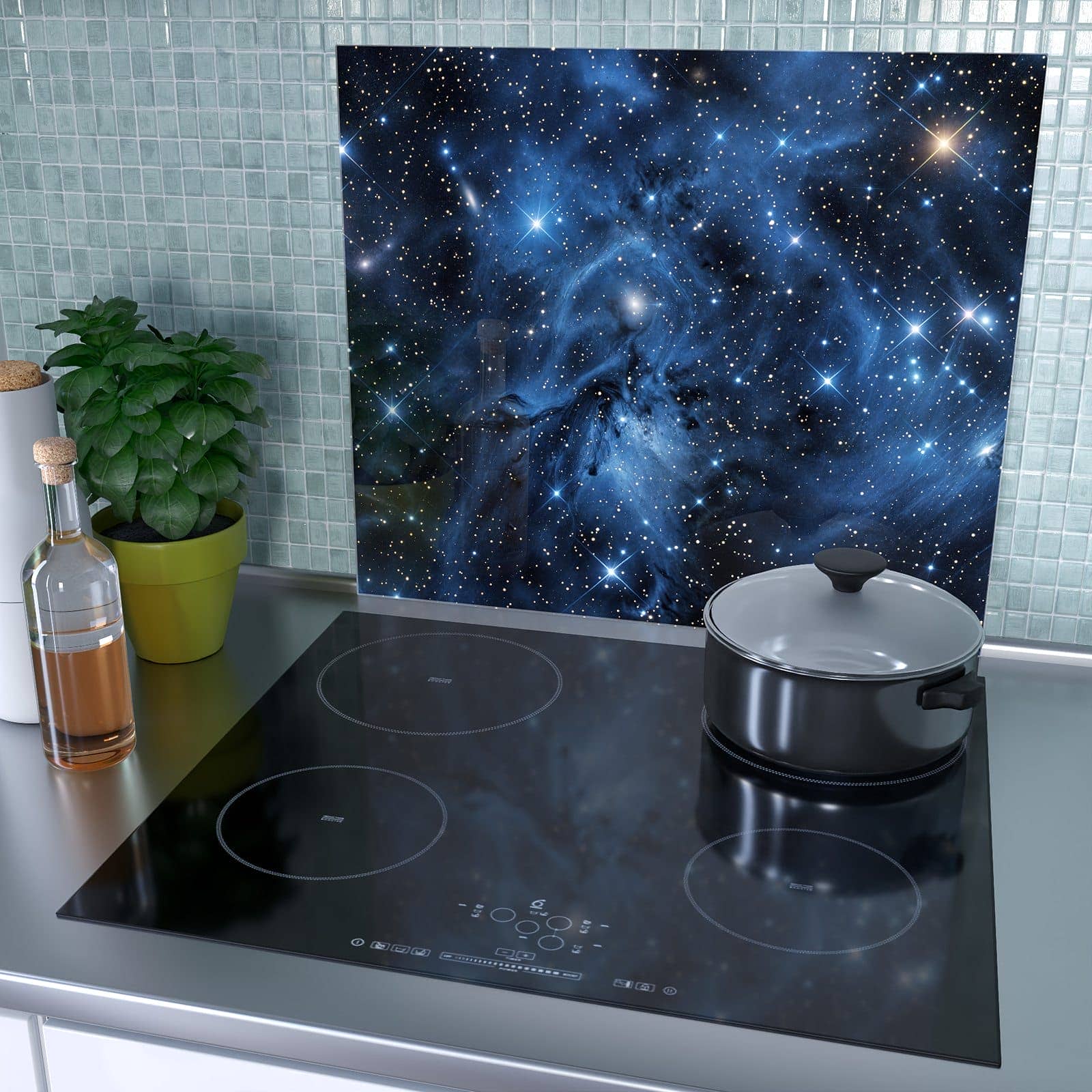 1-teilige Herdabdeckplatten für Ceranfeld mit Sanfte Sternenhinmel-Motiv als Spritzschutz hinter dem Kochfeld