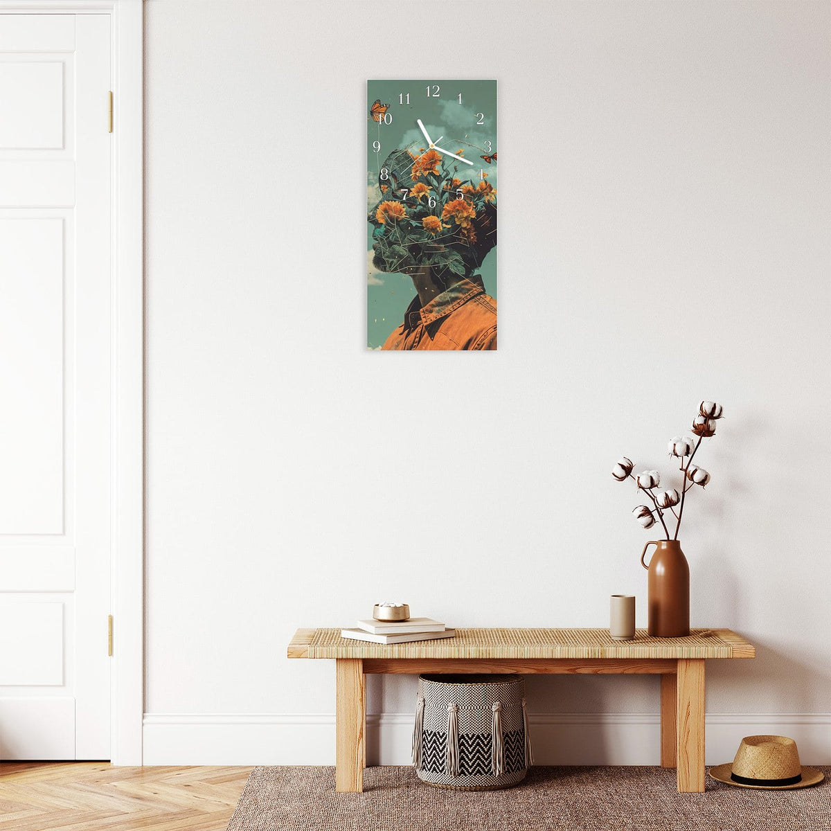 Moderne Wanduhr aus Glas mit Farbtiefe – Wanduhr Natur Vision aus Glas – Hochformat 30 × 60 cm