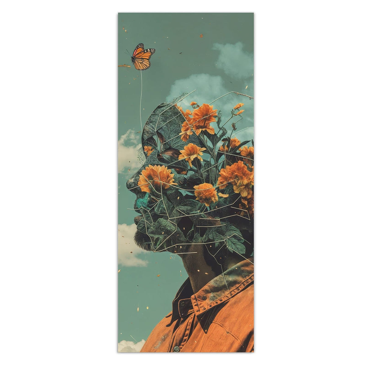 Retro-Collage: Kopf eines Mannes, gefüllt mit orangen Blüten, davor Schmetterlinge an Fäden vor türkisem Wolkenhimmel.