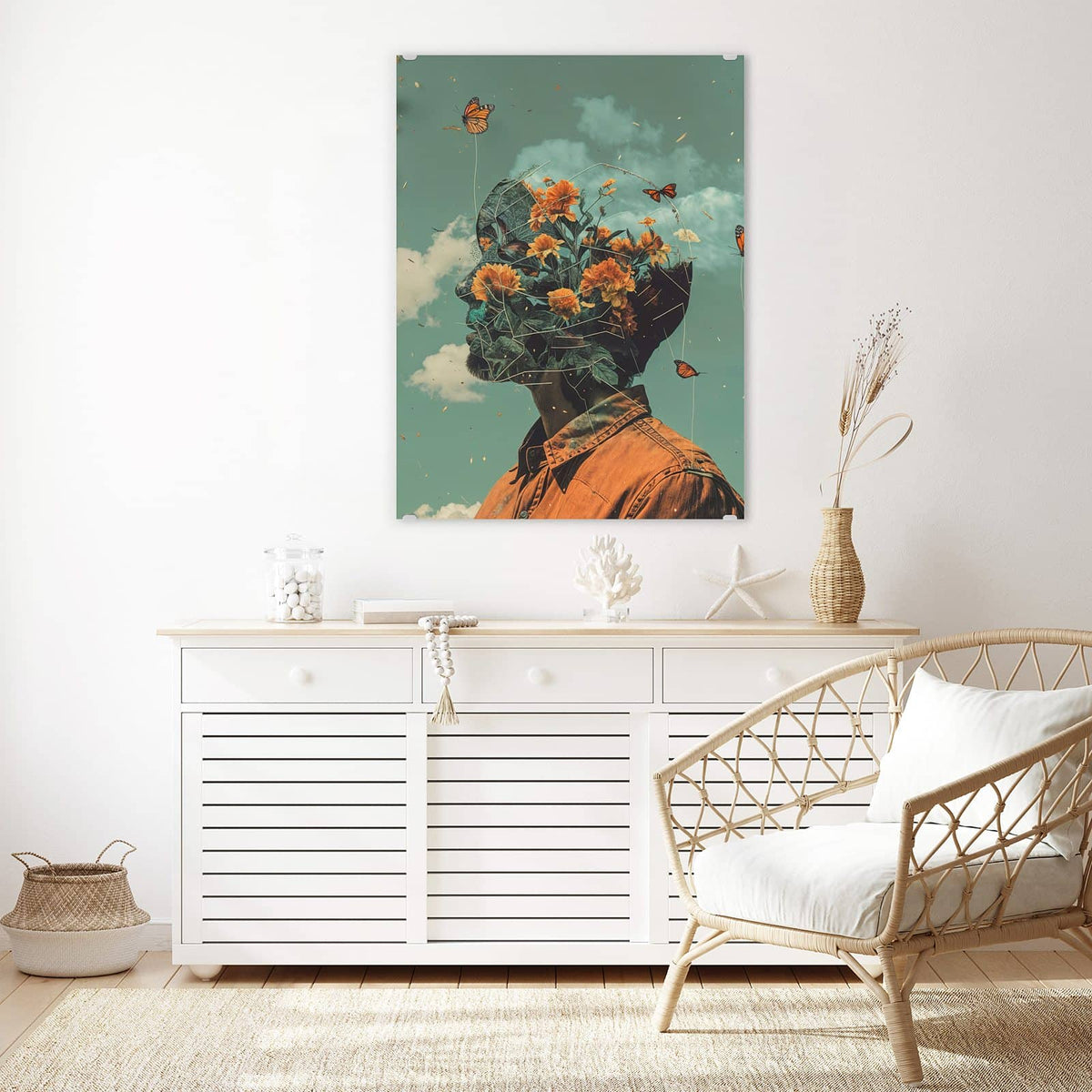 Aufhängung liegt bei – Motiv später wechselbar – Wandbild - Kopf voller Blumen - Hochformat