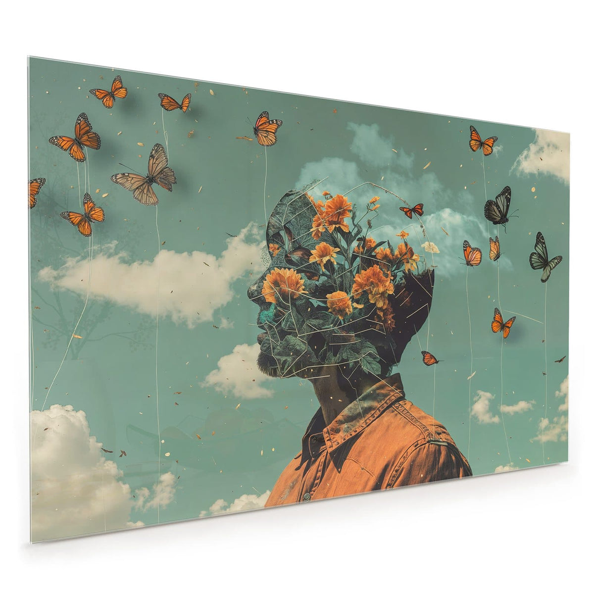 Küchenrückwand aus Glas im Hochformat mit Motiv Kopf voller Blumen: Retro-Collage: Kopf eines Mannes, gefüllt mit orangen Blüten