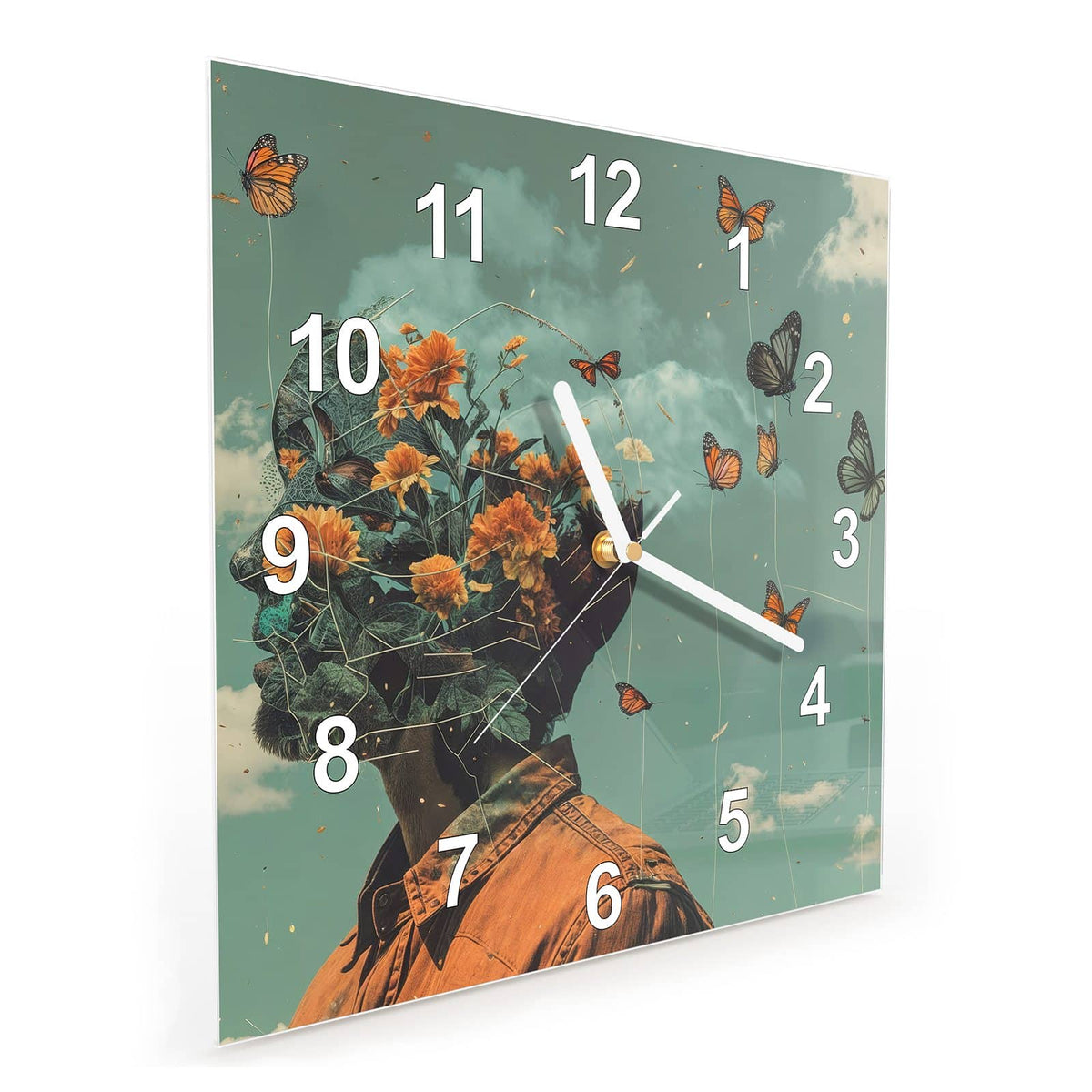 Quadratische Wanduhr aus Glas Kopf voller Blumen schräg von der Seite, 4 mm starkes Glas