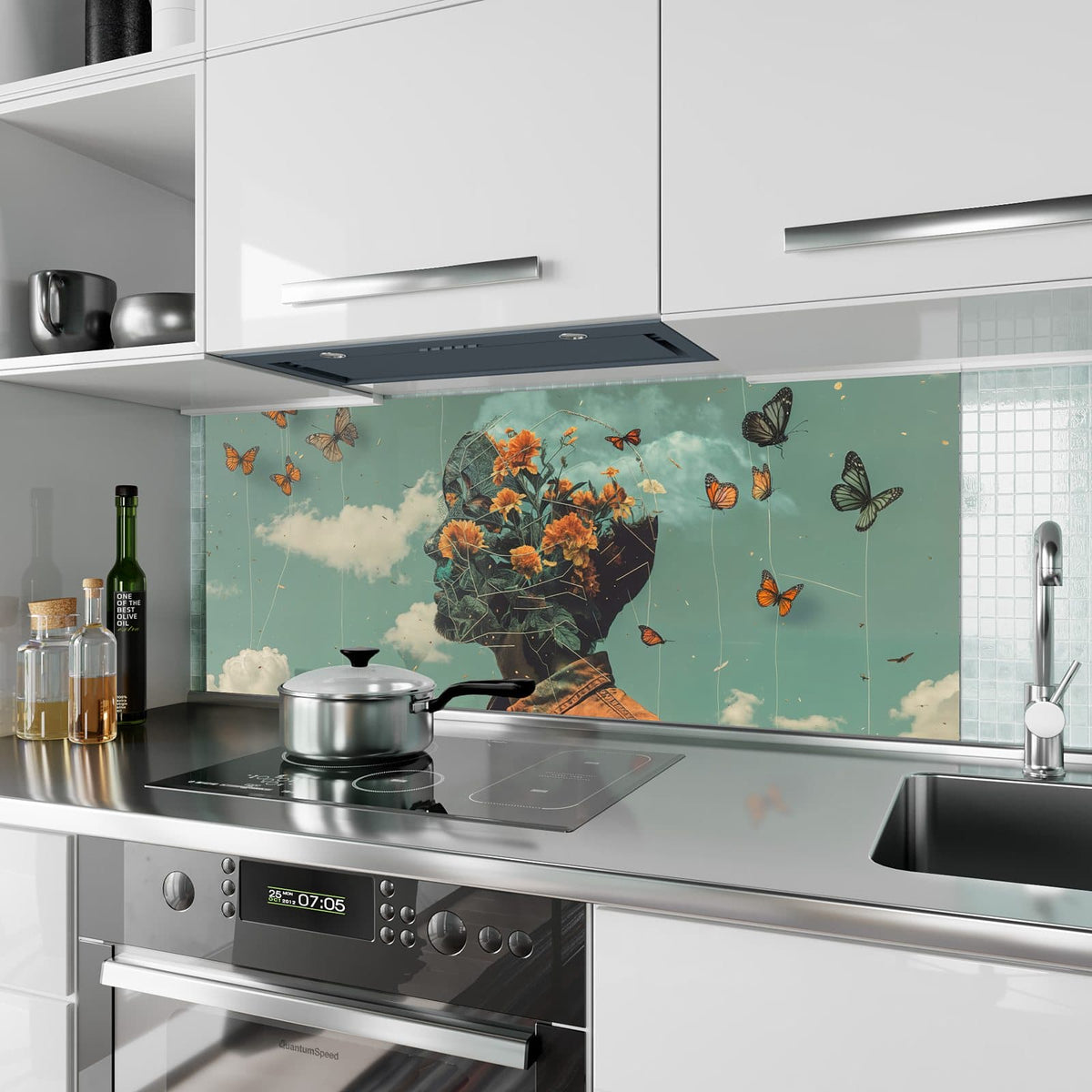 Küchenrückwand aus Glas Kopf voller Blumen im Hochformat als Spritzschutz hinter dem Kochfeld, über dem Fliesenspiegel montiert