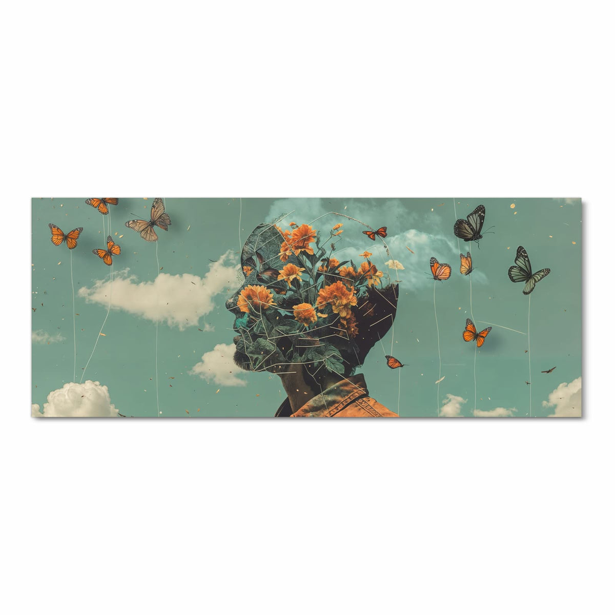 Retro-Collage: Kopf eines Mannes, gefüllt mit orangen Blüten, davor Schmetterlinge an Fäden vor türkisem Wolkenhimmel.