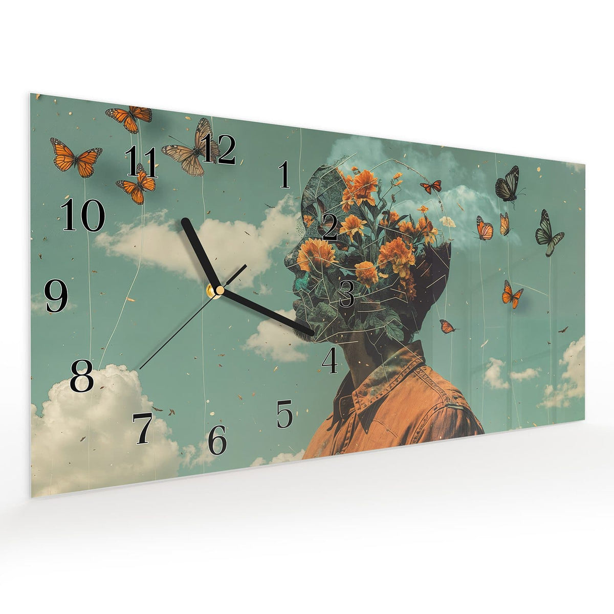 Vormontiert – mit Schwebeeffekt – Wanduhr Natur Vision aus Glas – Querformat 60 × 30 cm