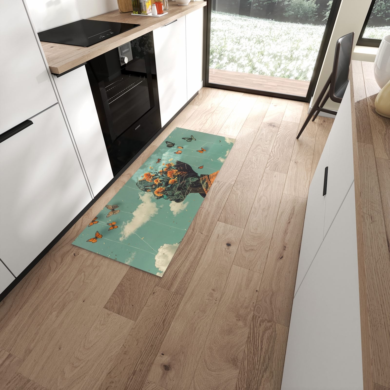 Waschbarer Küchenläufer mit Motiv Natur Vision in moderner Küche für sichere Aufbewahrung #grösse_60 x 150 cm