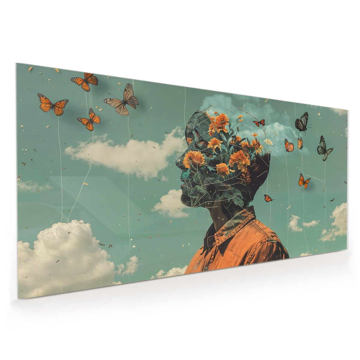 Küchenrückwand aus Glas im Hochformat mit Motiv Kopf voller Blumen: Retro-Collage: Kopf eines Mannes, gefüllt mit orangen Blüten