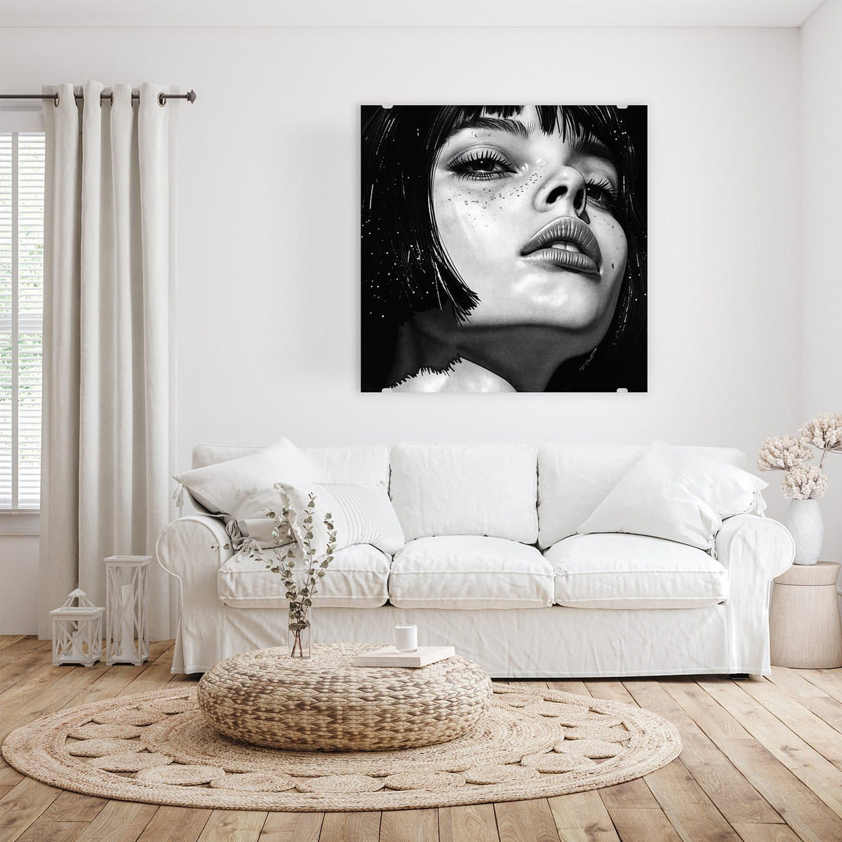 Glasbild Gesicht im Sternenstaub an der Wand – Schwarz-weißes Gesicht mit Bob, nach hinten geneigt, helle Sprenkel wie Sternenstaub