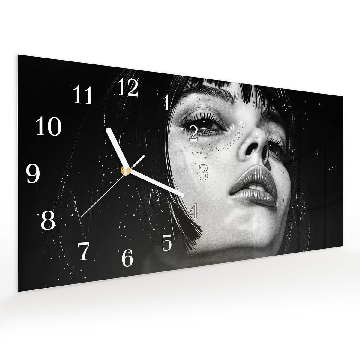 Vormontiert – mit Schwebeeffekt – Wanduhr Mystischer Blick aus Glas – Querformat 60 × 30 cm