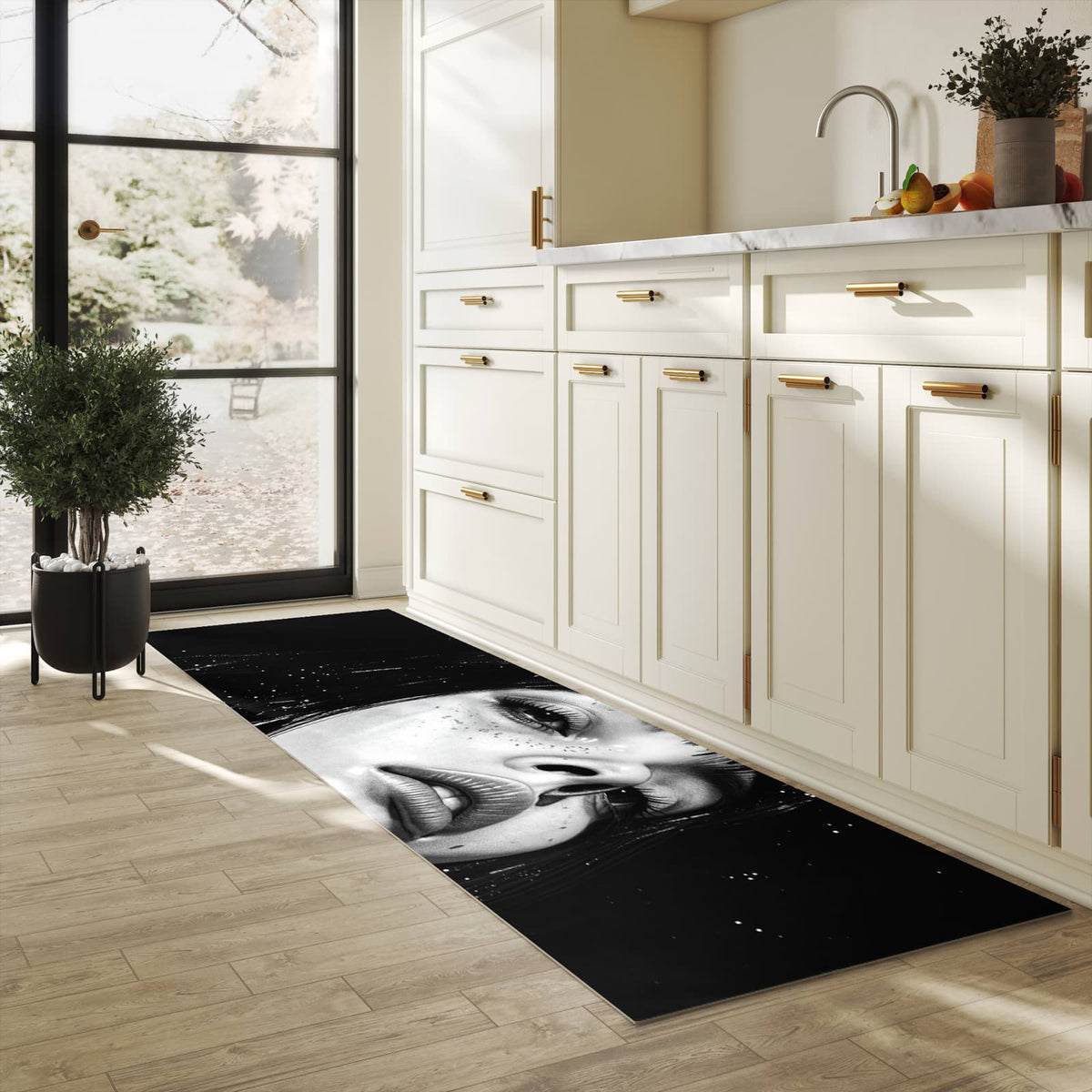 Abriebfester waschbarer Teppich Küche mit Motiv Mystischer Blick in heller Küche