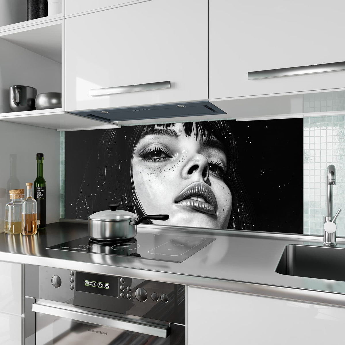 Küchenrückwand aus Glas Gesicht im Sternenstaub im Hochformat als Spritzschutz hinter dem Kochfeld, über dem Fliesenspiegel montiert