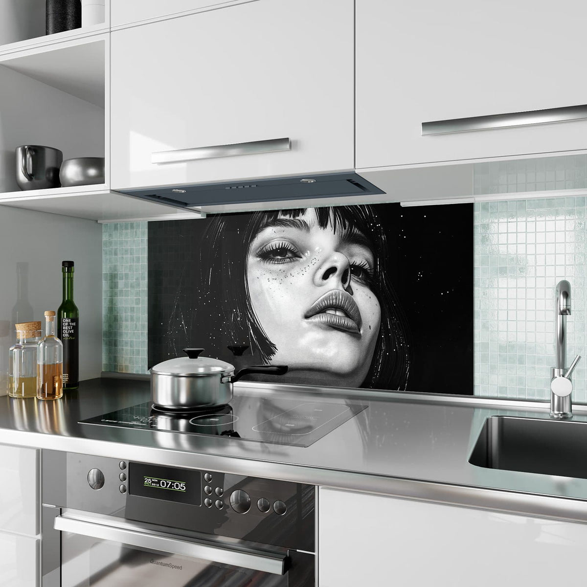 Küchenrückwand aus Glas Gesicht im Sternenstaub im Hochformat als Spritzschutz hinter dem Kochfeld, über dem Fliesenspiegel montiert