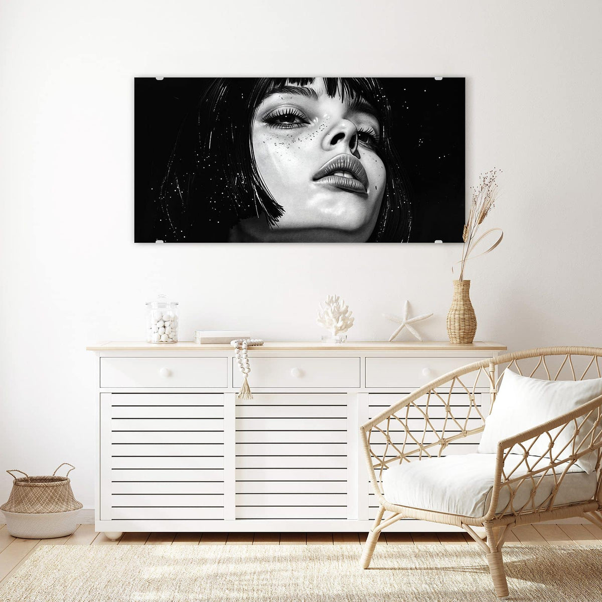 Echtglas, 4 mm – kein Acryl, keine Folie – Wandbild - Gesicht im Sternenstaub - Querformat