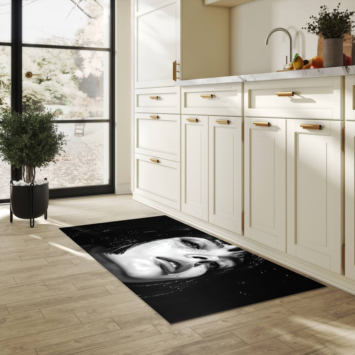 Komfortabler Küchenläufer mit Motiv Mystischer Blick in heller Küche für angenehmes Stehen