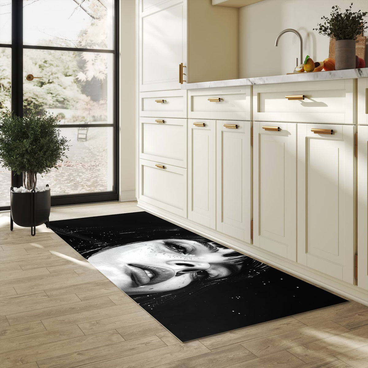 Wasserabweisender Teppichläufer mit Motiv Mystischer Blick in heller Küche