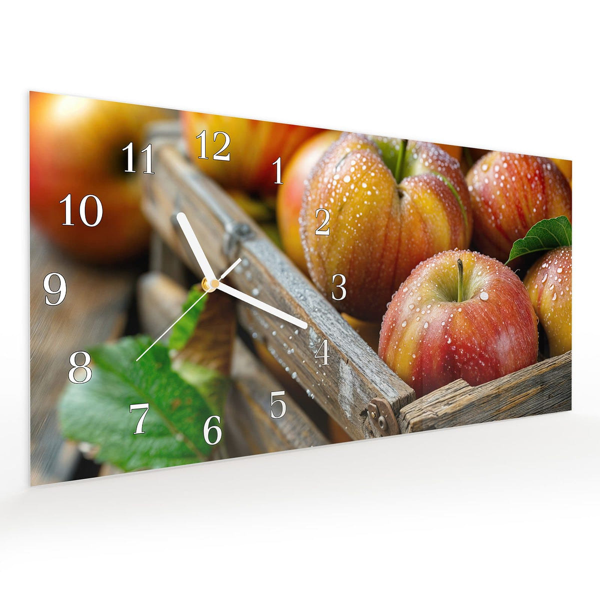 Vormontiert – mit Schwebeeffekt – Wanduhr Äpfel Holzkiste aus Glas – Querformat 60 × 30 cm