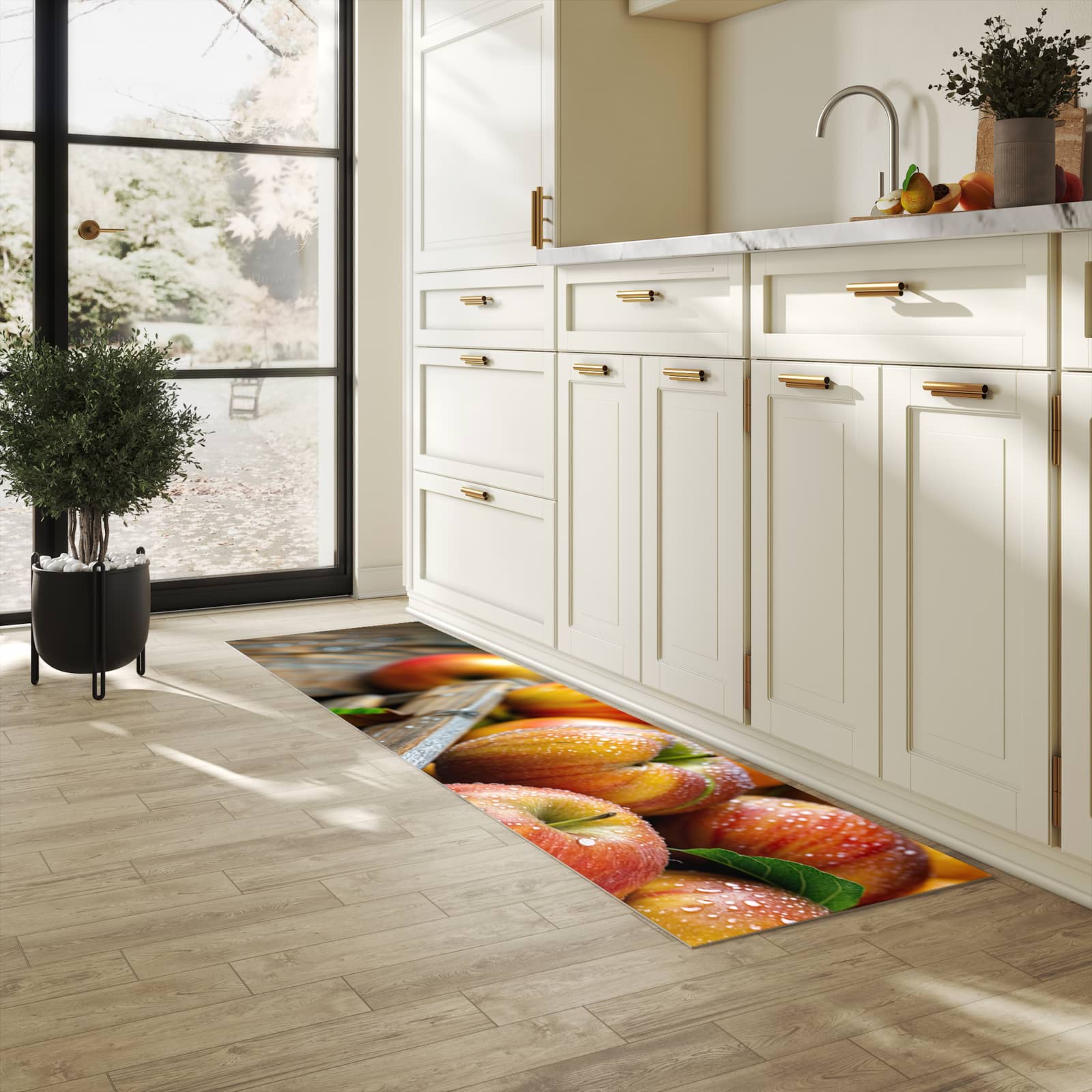 Pflegeleichter moderner Küchenläufer mit Motiv Äpfel Holzkiste in heller Küche