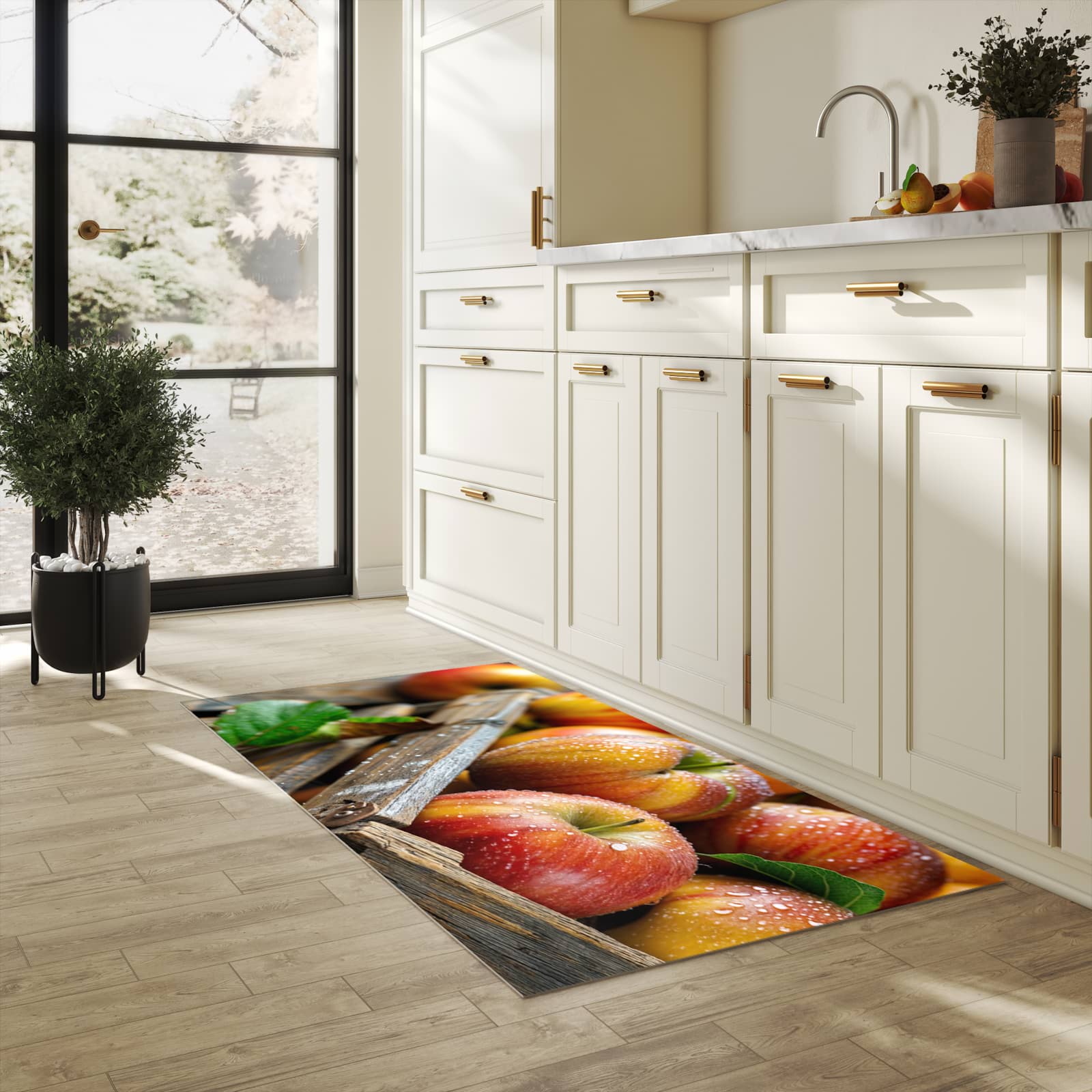 Langlebiger Küchenteppich mit Motiv Äpfel Holzkiste in heller Küche