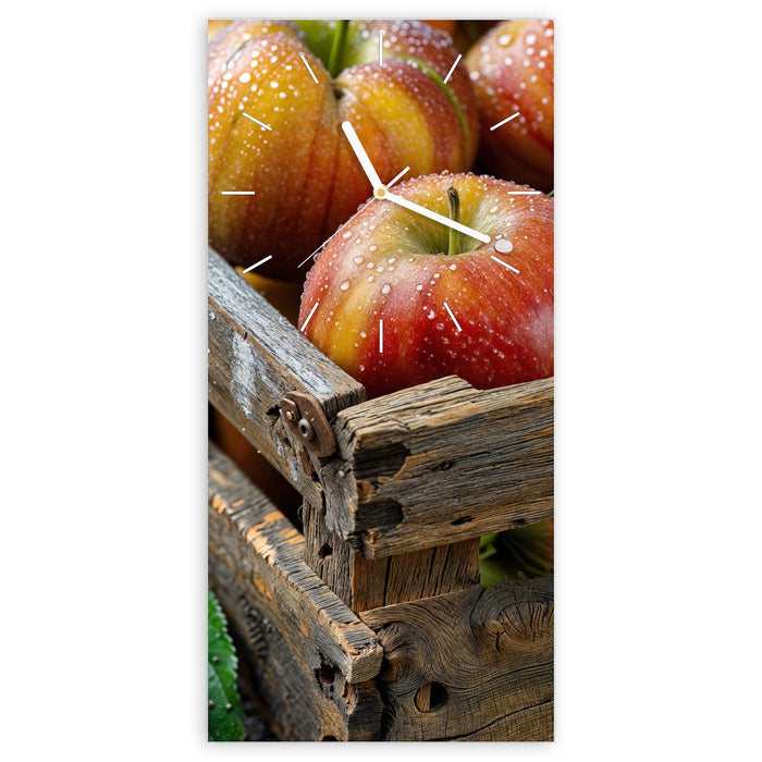 Wanduhr Äpfel Holzkiste aus Glas – Hochformat 30 × 60 cm mit Ziffernblatt Linie