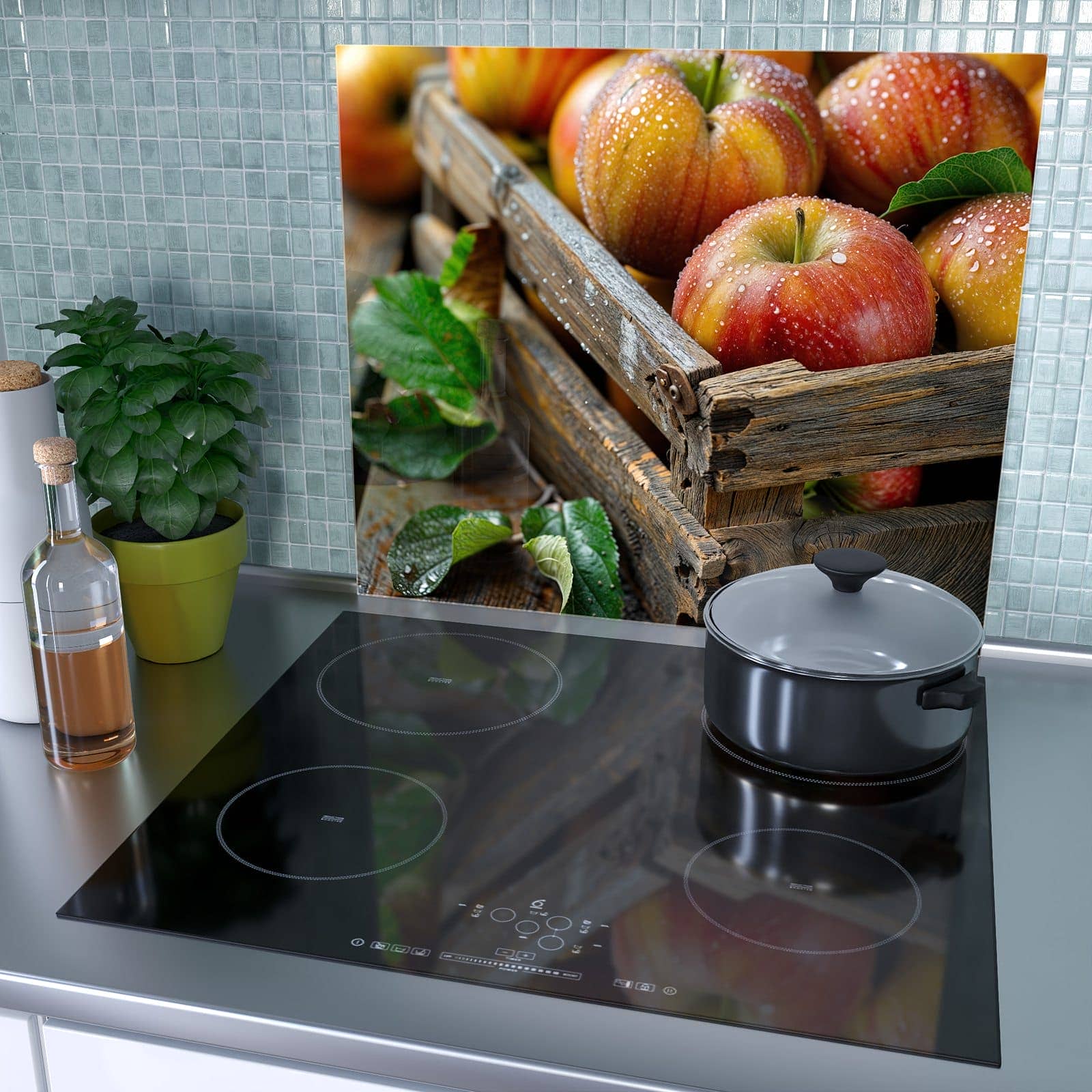 1-teilige Abdeckplatten für Ceranfeld mit Äpfel Holzkiste-Motiv als Spritzschutz hinter dem Kochfeld