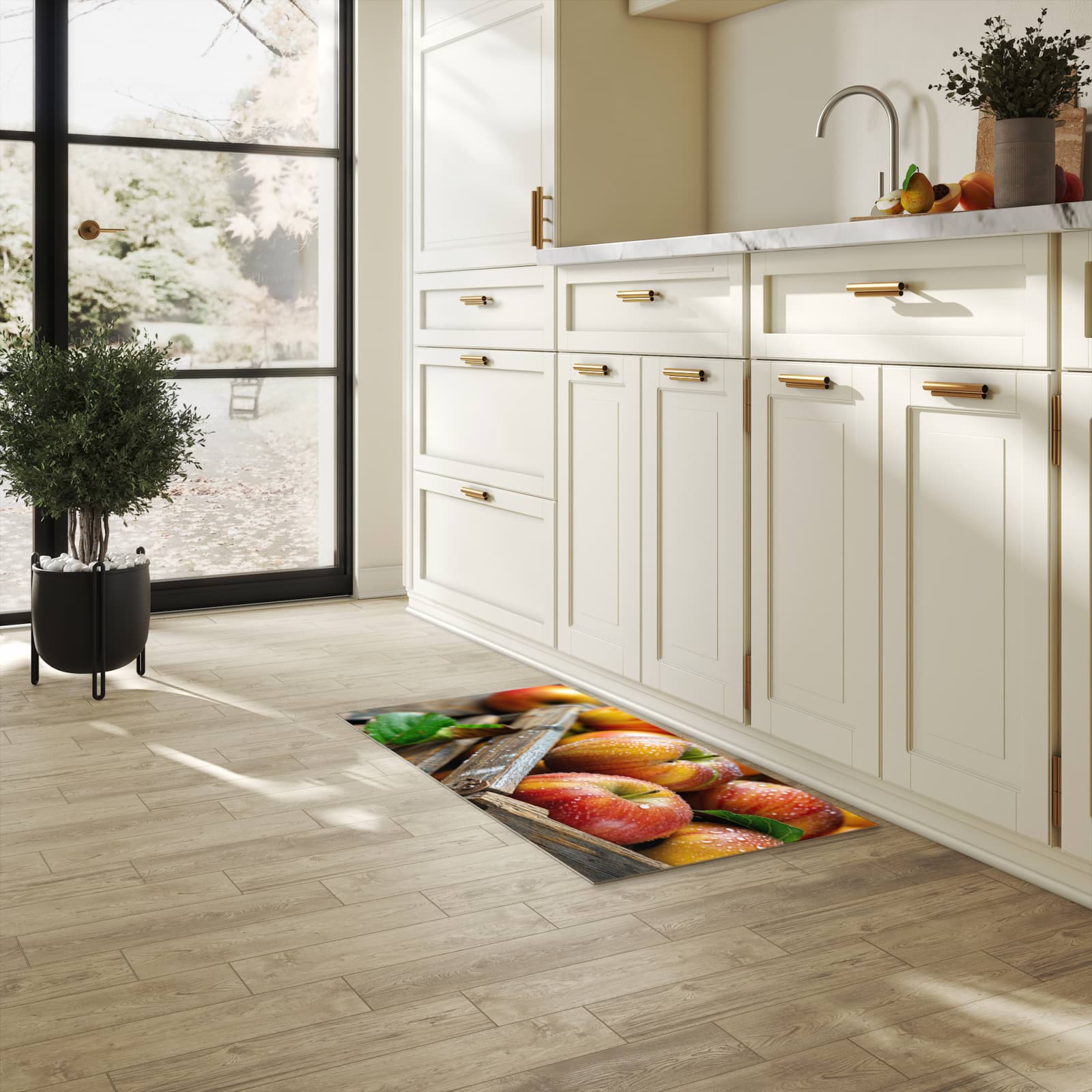 Geruchsneutraler rutschfester Küchenläufer mit Motiv Äpfel Holzkiste in heller Küche