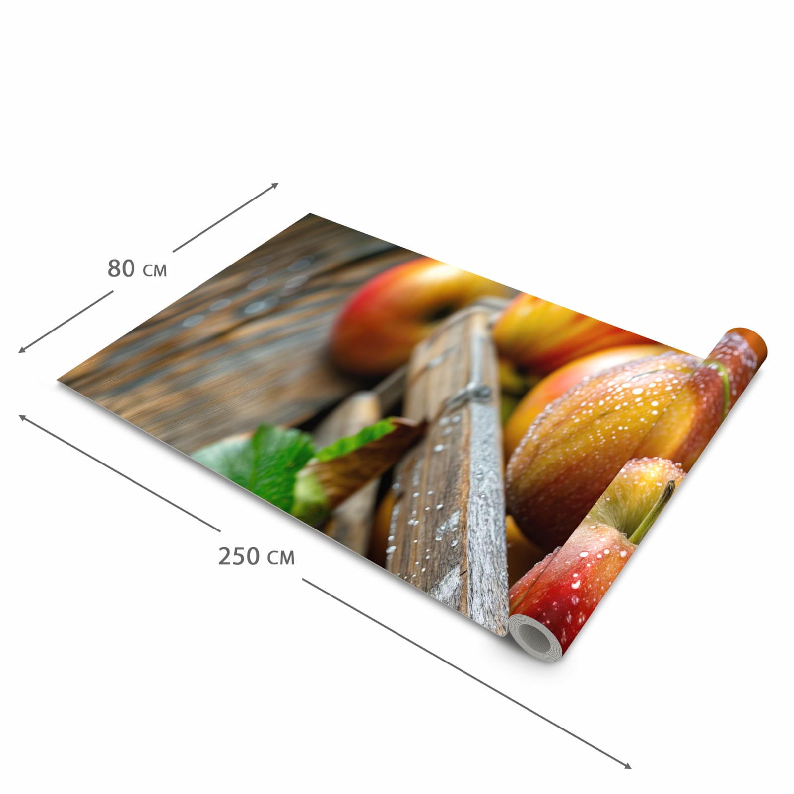 Langlebiger Küchenvorleger mit Motiv Äpfel Holzkiste in der Grösse 60x180 cm