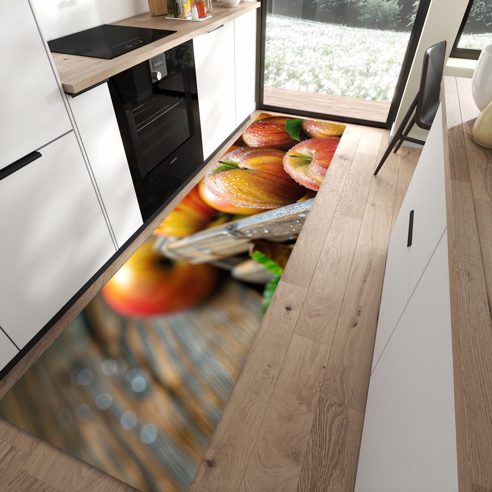 Flacher Küchenteppich mit Motiv Äpfel Holzkiste in moderner Küche