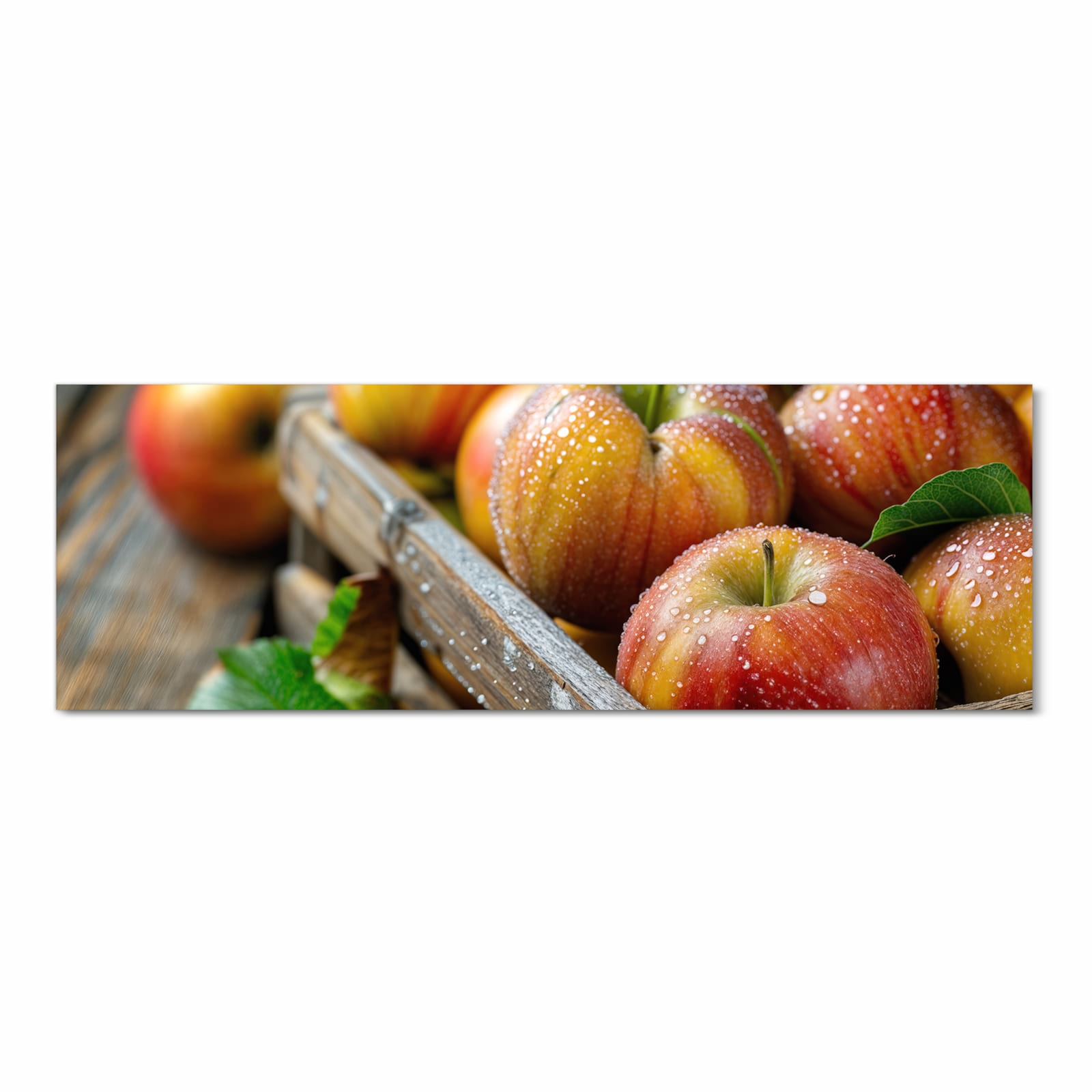 Strapazierfähiger waschbarer Küchenläufer mit Motiv Äpfel Holzkiste in Frontansicht