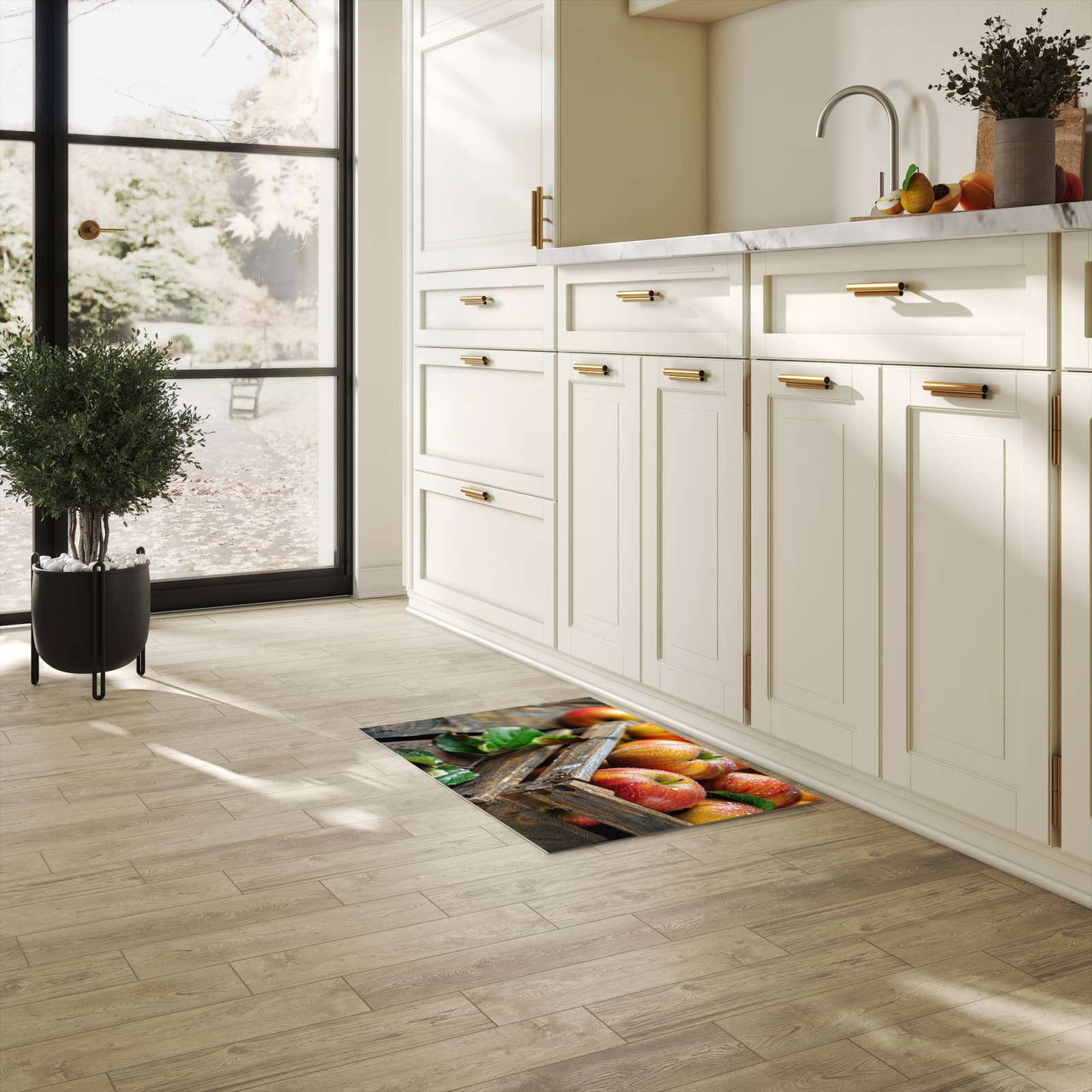 Pflegeleichter moderner Küchenläufer mit Motiv Äpfel Holzkiste in heller Küche