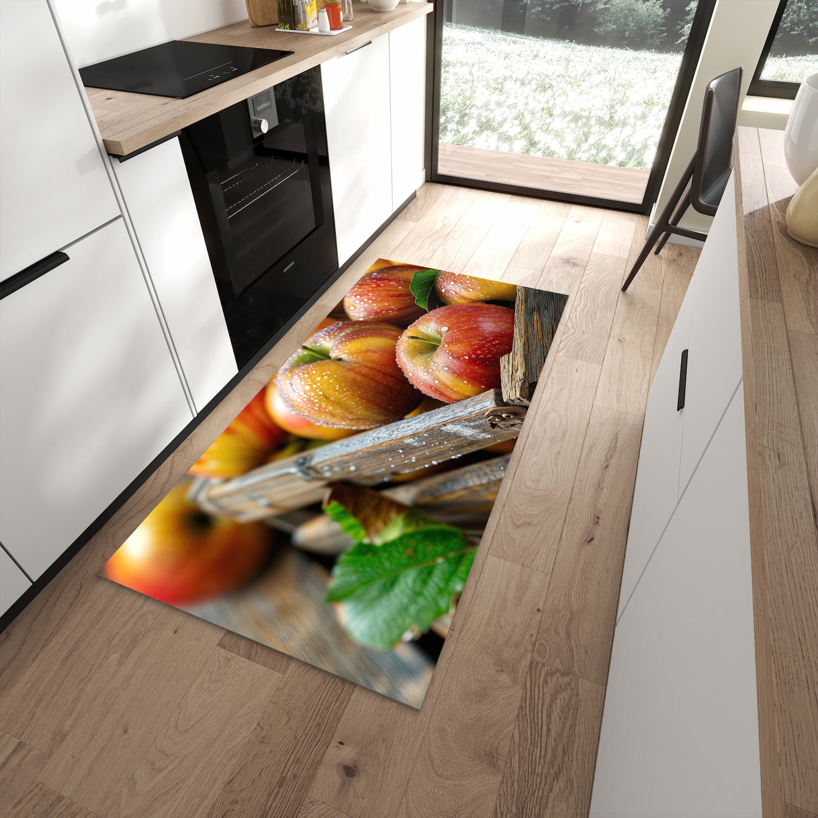 Pflegeleichter Teppich für Küche mit Motiv Äpfel Holzkiste in moderner Küche