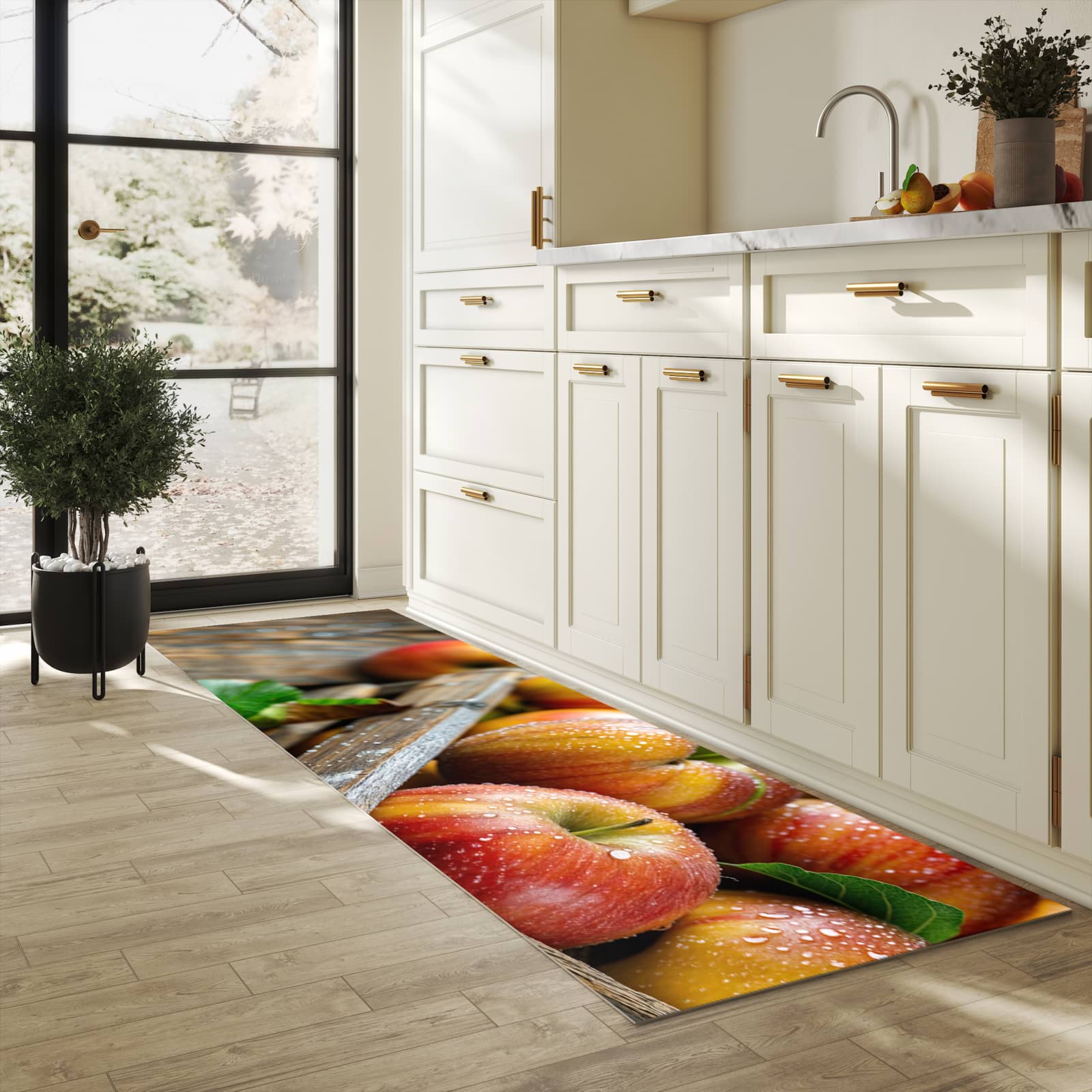 Strapazierfähiger Küchenteppich mit Motiv Äpfel Holzkiste in heller Küche