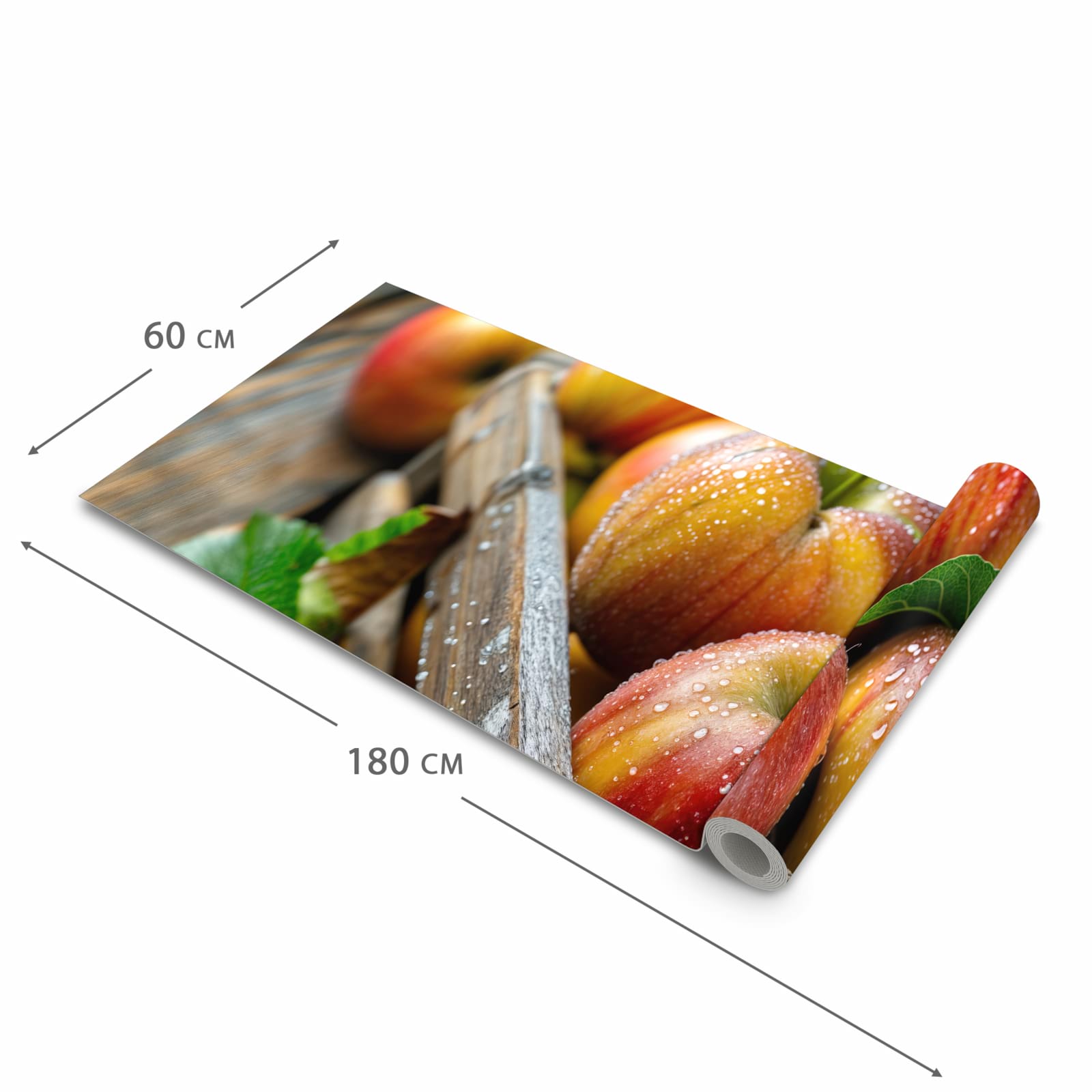 UV-beständiger Küchenteppich mit Motiv Äpfel Holzkiste in der Grösse 60x180 cm