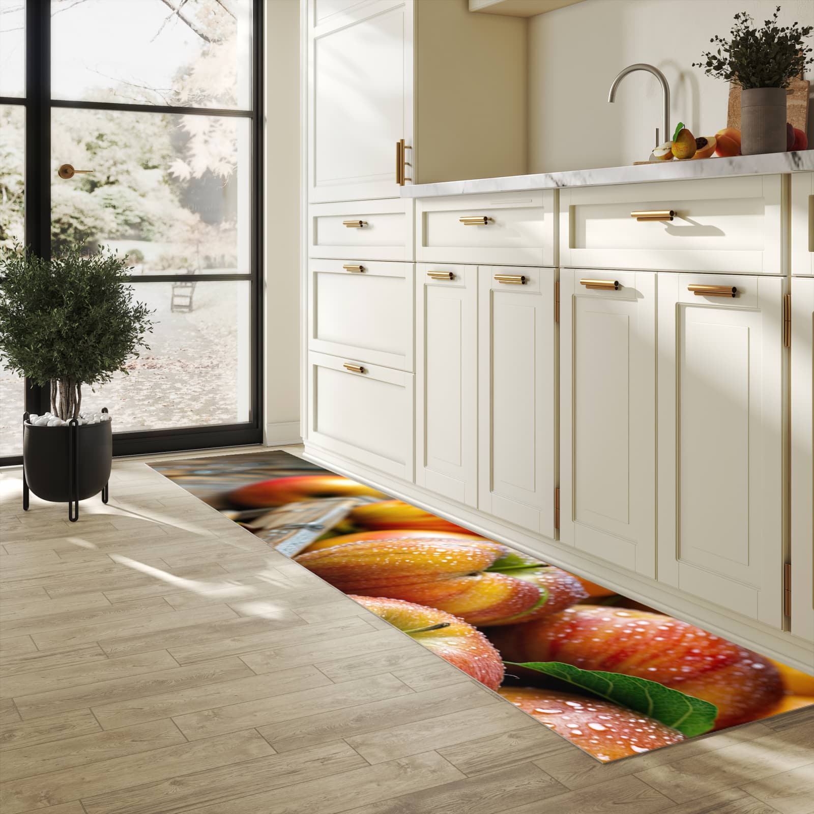 Rutschfester Küchenläufer mit Motiv Äpfel Holzkiste in heller Küche zum Waschen